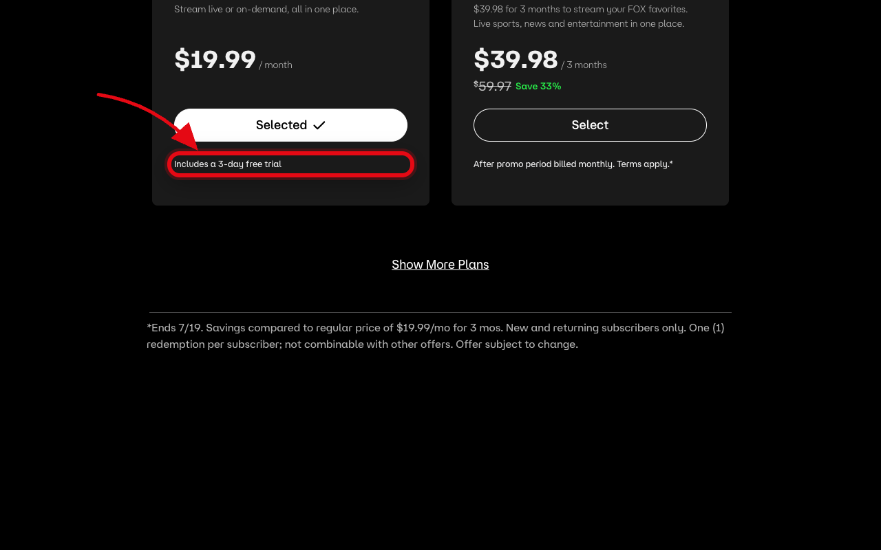 Where to click to start the Fox One free trial