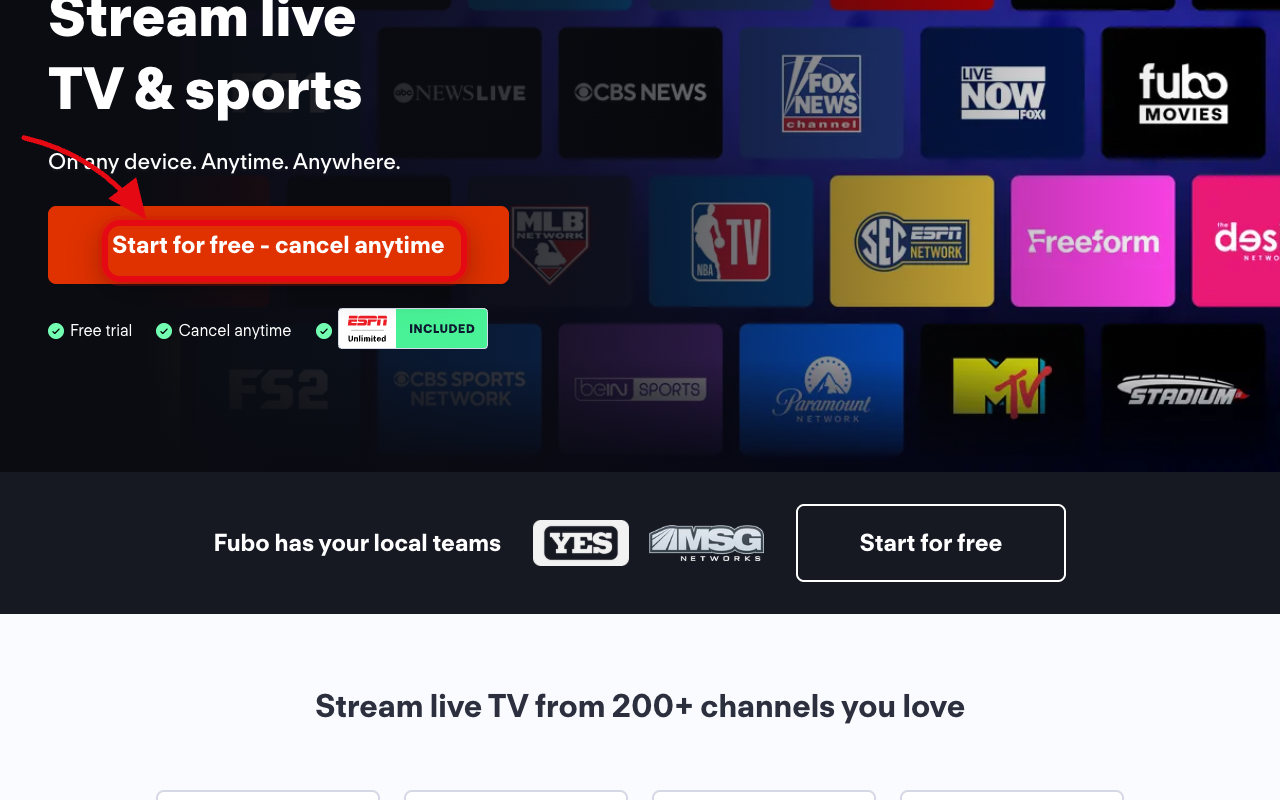 Where to click to start the Fubo free trial