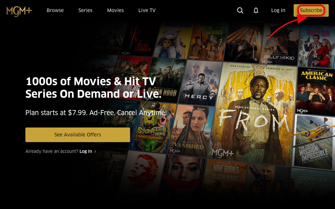 Where to click to start the MGM+ free trial