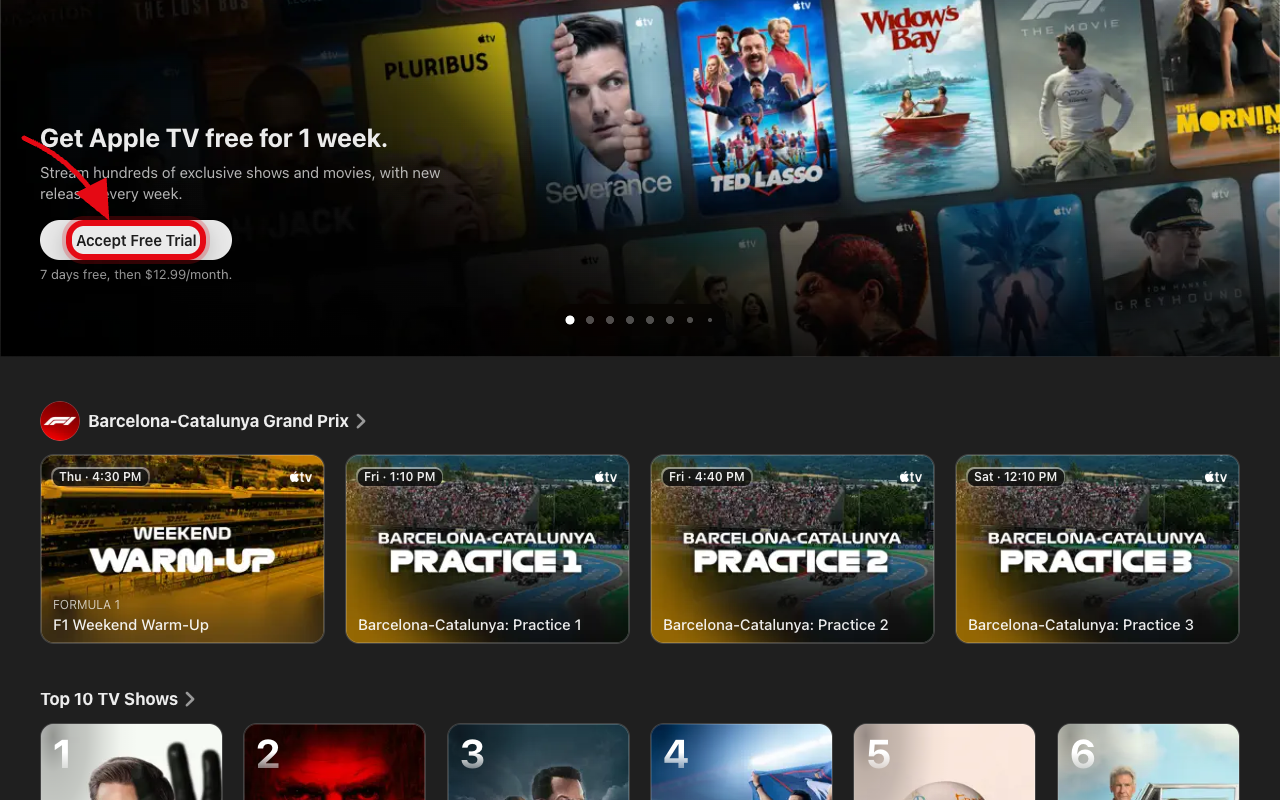 Where to click to start the Apple TV+ free trial