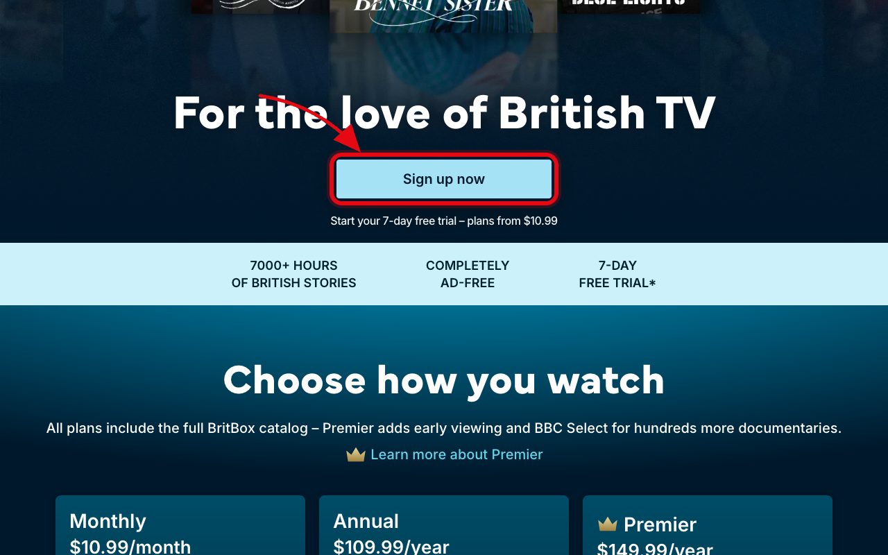 Where to click to start the BritBox free trial