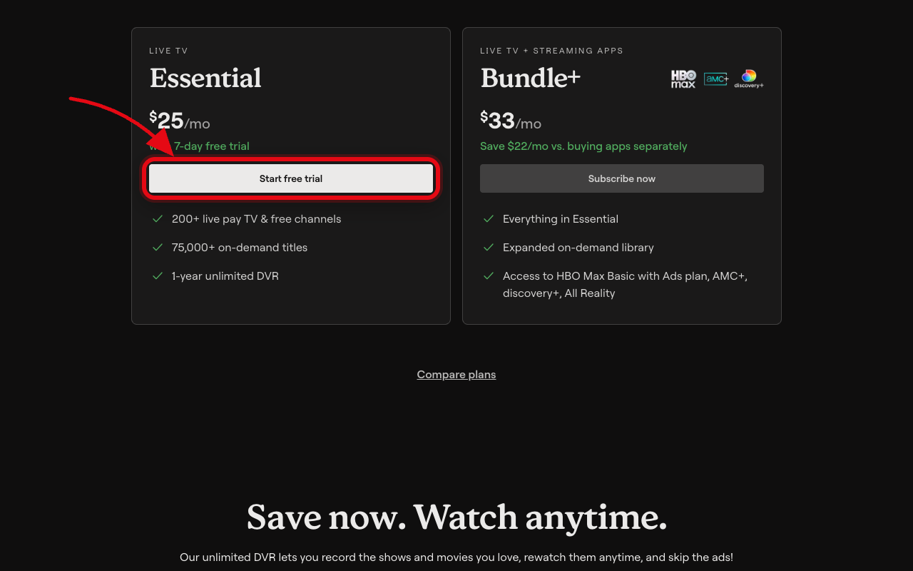 Where to click to start the Philo free trial