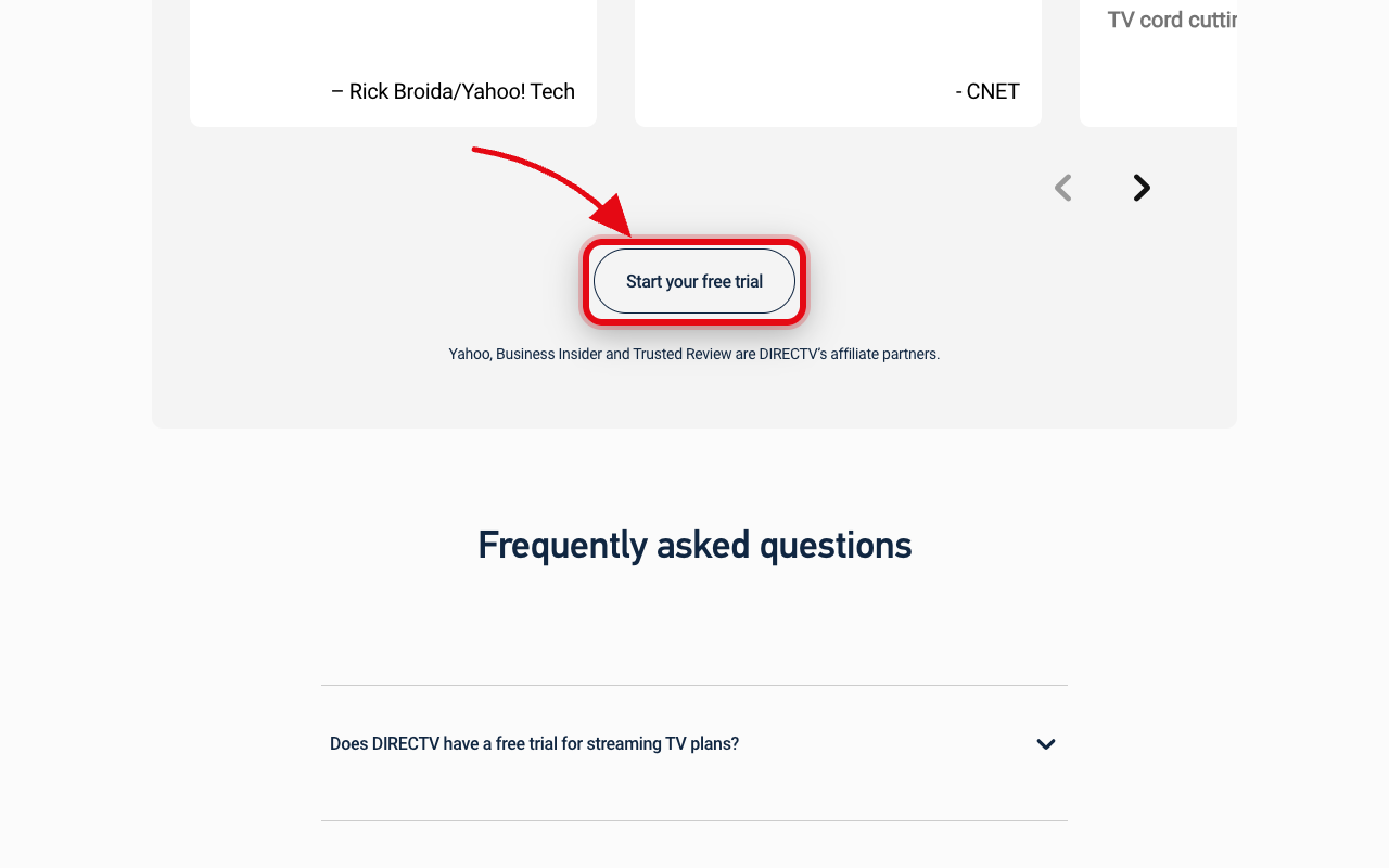 Where to click to start the DIRECTV free trial