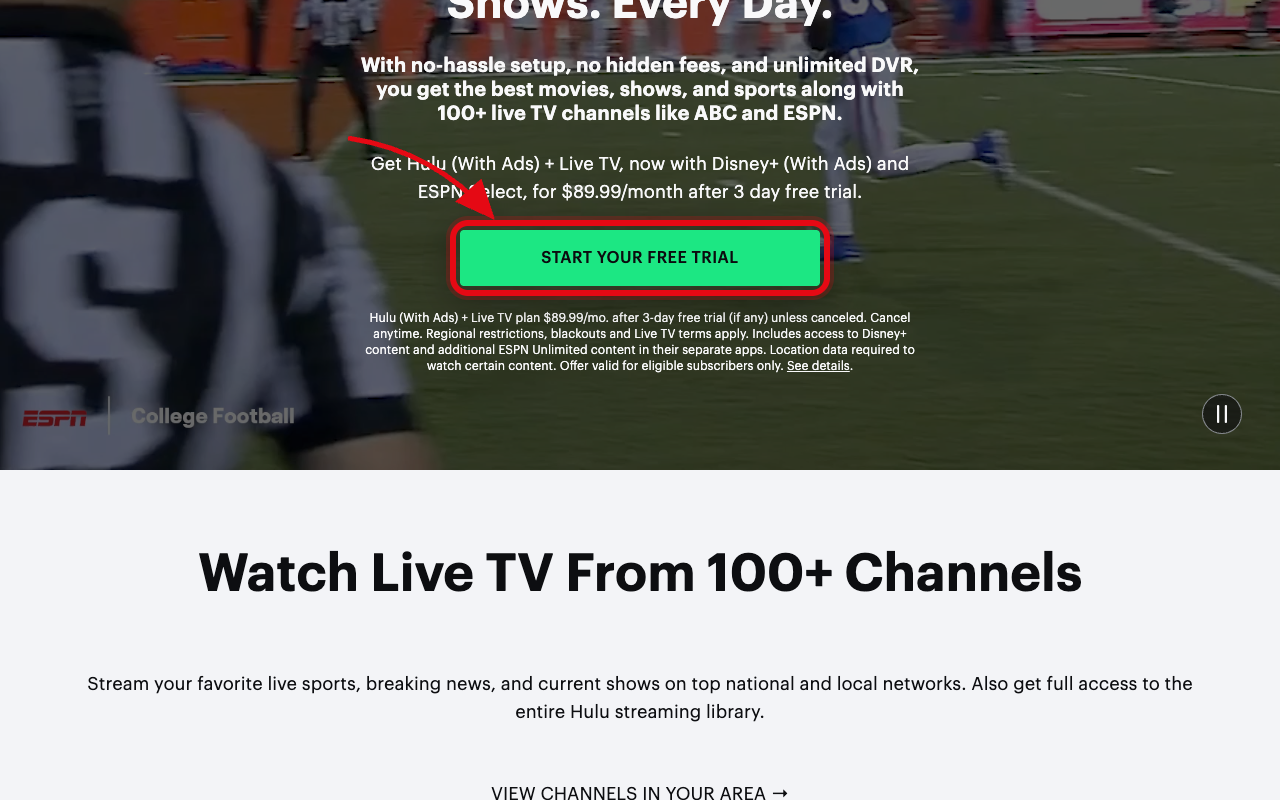 Where to click to start the Hulu with Live TV free trial