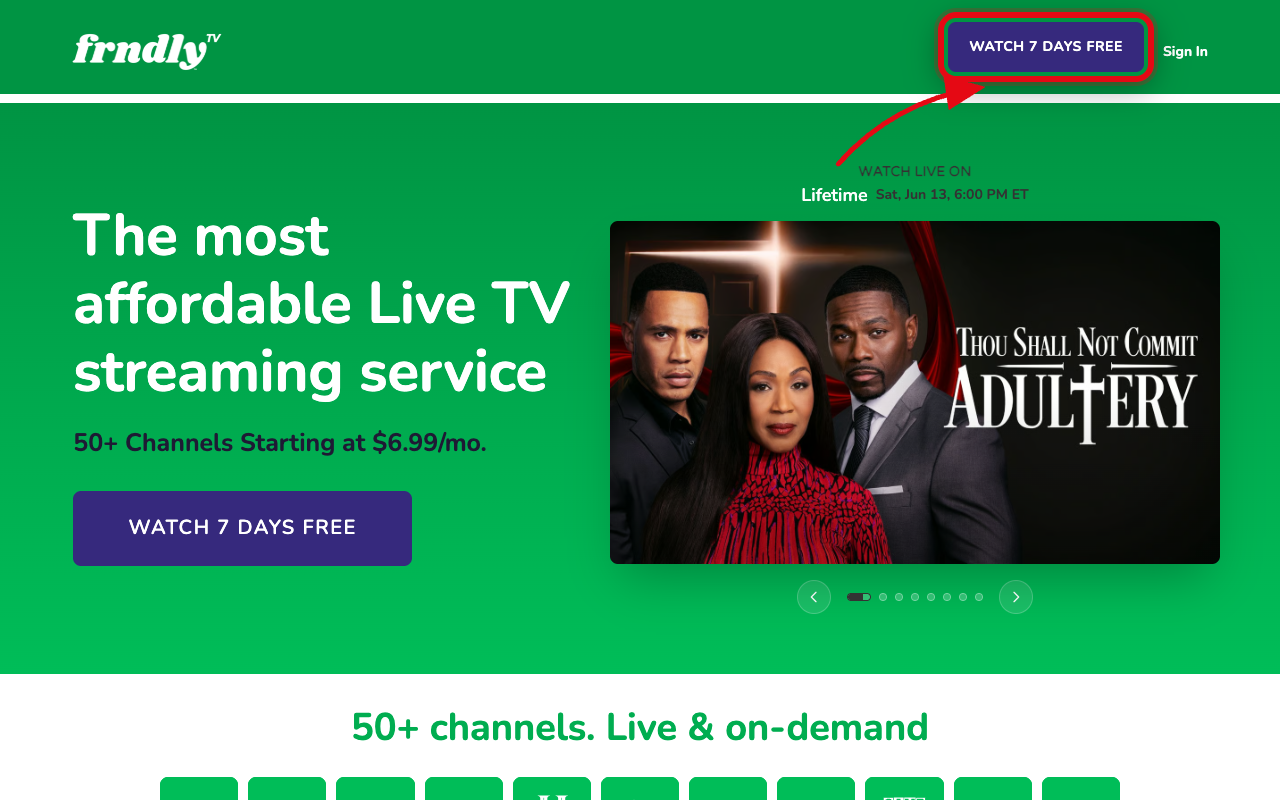 Where to click to start the Frndly TV free trial