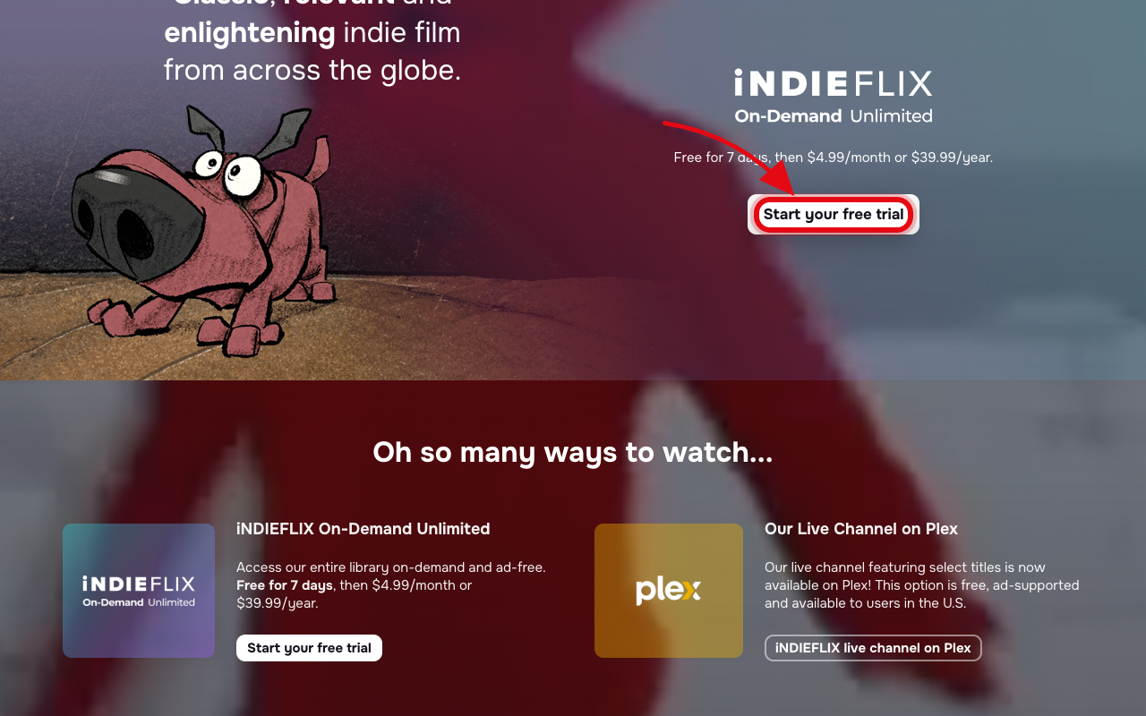 Where to click to start the Indieflix free trial