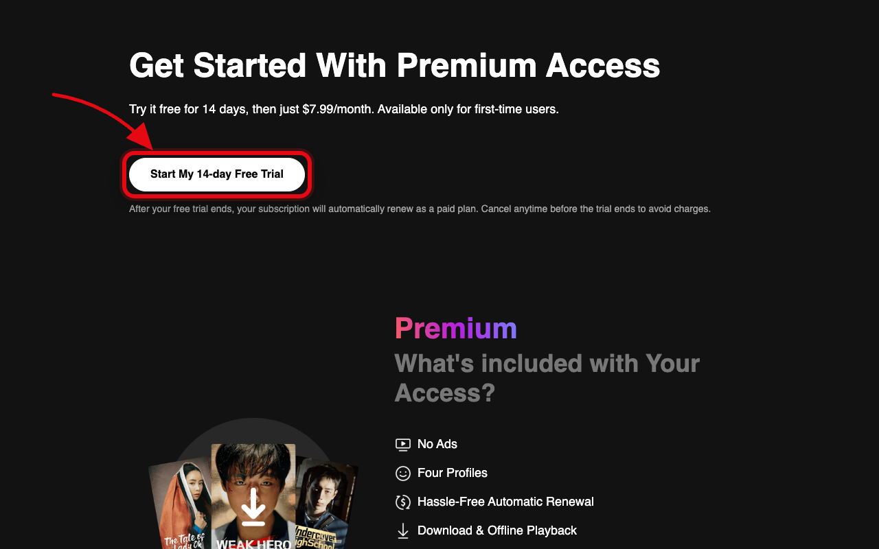 Where to click to start the KocowaTV free trial
