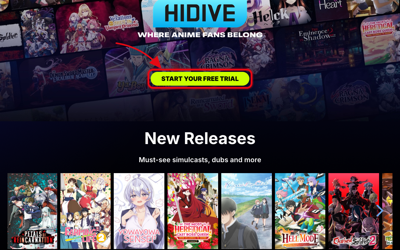 Where to click to start the hidive free trial