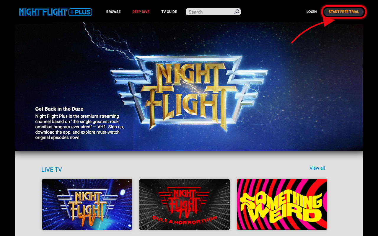 Where to click to start the Night Flight Plus free trial