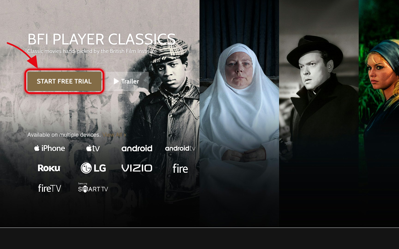 Where to click to start the BFI Player Classics free trial
