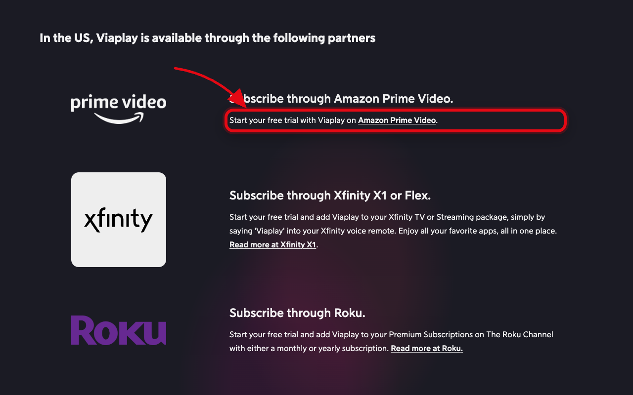 Where to click to start the Viaplay free trial