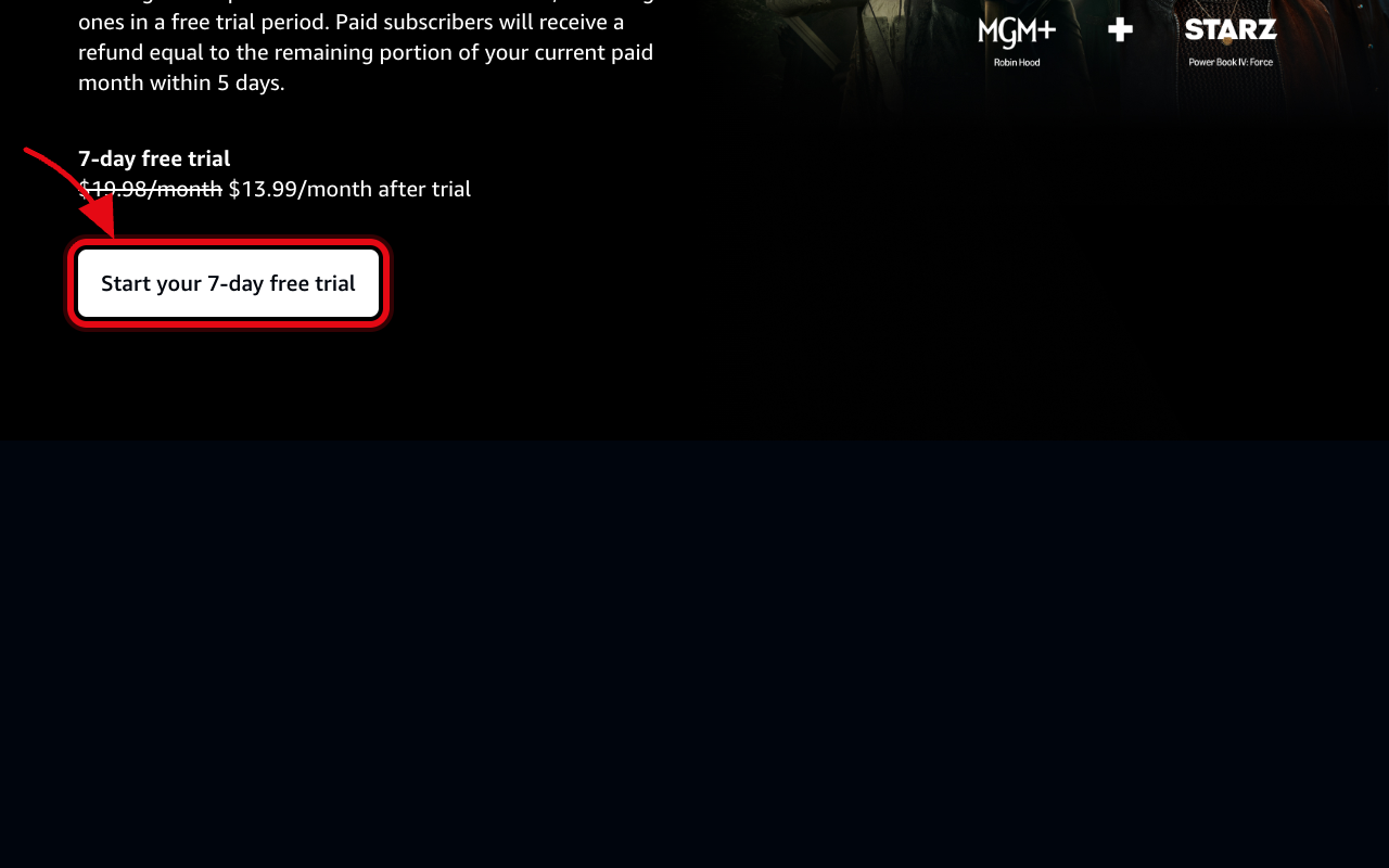Where to click to start the Amazon Prime Video + Starz and MGM+ Bundle free trial