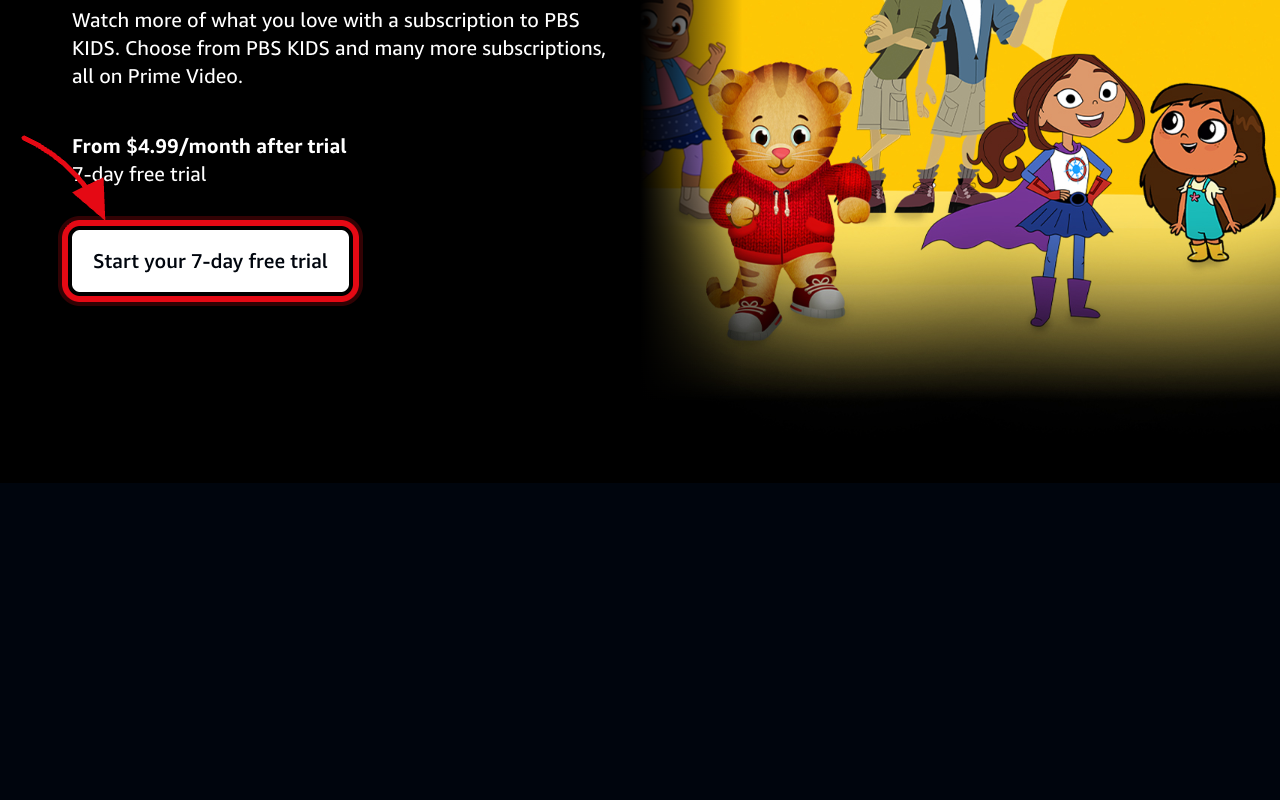 Where to click to start the Amazon Prime + PBS Kids free trial