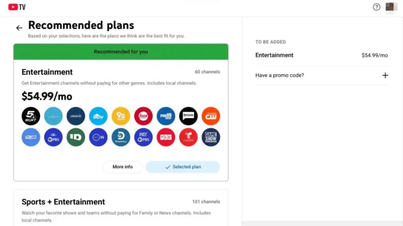 YouTube TV Entertainment Plan